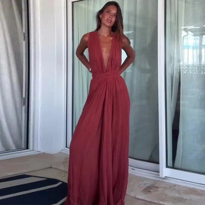 Sexy Women's Jumpsuit Deep V-neck Sleeveless Wide Leg Female Solid Jumpsuits 2026 Summer Fashion Chic Beach Vacation Lady Outfit