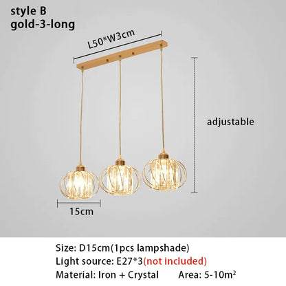 Crystal LED Pendant Lights For Dining Room Living Room Nordic Black Iron Shade 1/3 Lights Kitchen Decor Hanging Ceiling Lamp