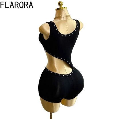 FLARORA Sexy Hollow Out Bandage Rompers Woman Trend Rivet Sleeveless Irregular Skinny Playsuits Hot Girl Party Club Streetwear