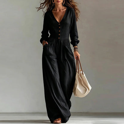 Elegant Woman Jumpsuit V Neck Long Sleeve Button Playsuits Female Casual Overalls White Long Jumpsuits For Women Outfits White