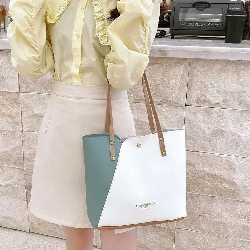 Large Capacity Patchwork Bag Hot Stamped Contrast Color Shoulder Bags Women Pu Leather Ladies Purses and Shopping Bag Casual