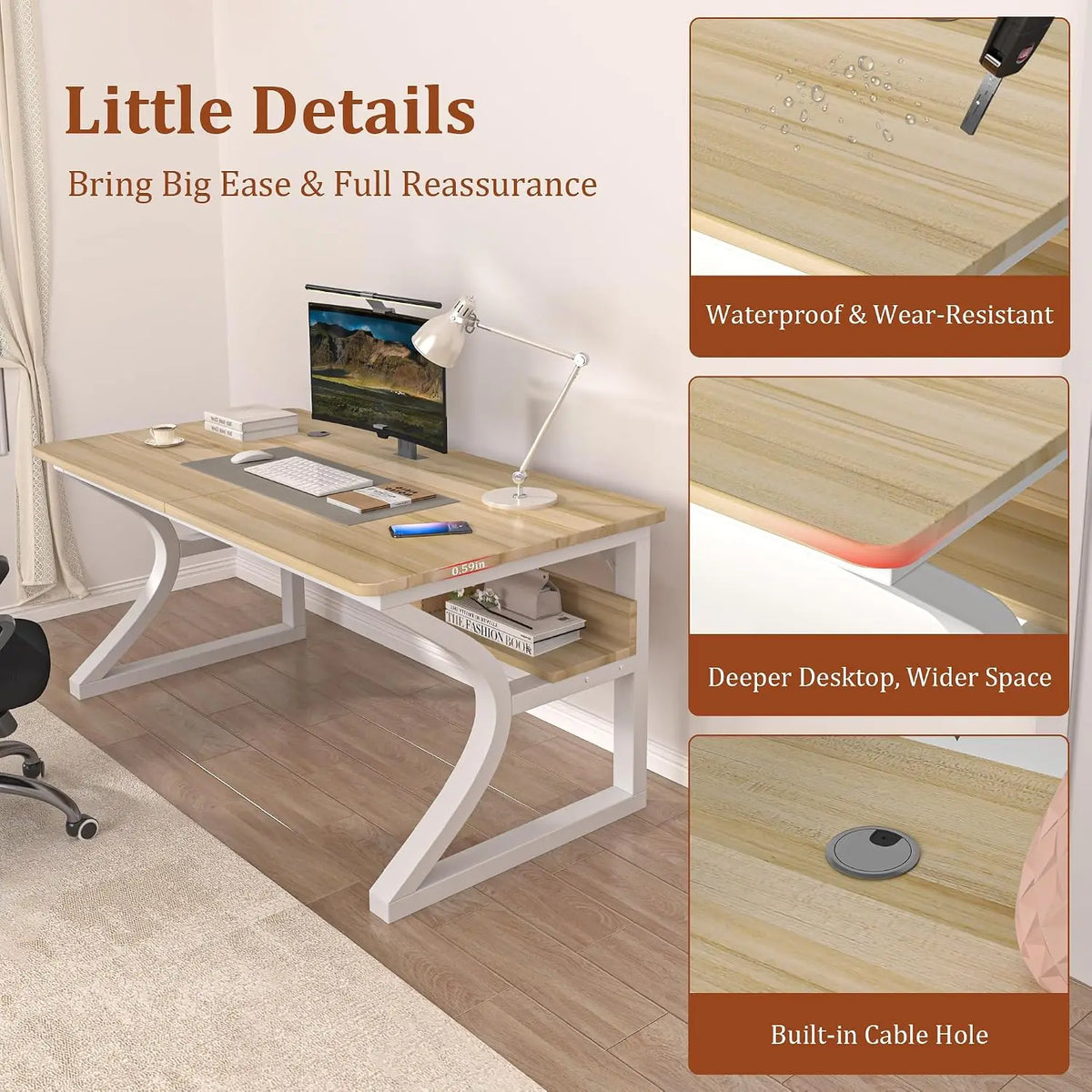 Computer Desk, 55x24 in Computer Desk, Office Desk w/Storage & U-Size Metal Frame for Home Office Bedroom Gaming, Office Desk w/Water-Resistant, Scratchproof Surface, Light Walnut