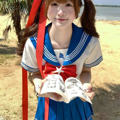 Summer and Autumn Sailor Suit Japanese Style Schoolgirl Blue Short-Sleeved Set Cos Female Students