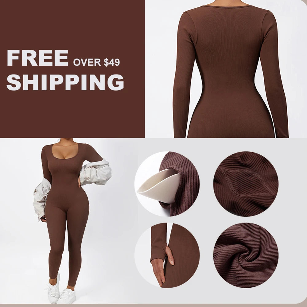 Women Autumn Winter Long Sleeve Jumpsuits Bodycon Slim Fit Streetwear Overall One Piece Bodysuits Outfit Yoga Jumpsuit Women