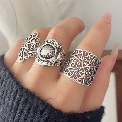 925 Sterling Silver Rings For Women Geometric Fine Jewelry Finger Adjustable Retro Flower Hollow Ring For Party Birthday Gift