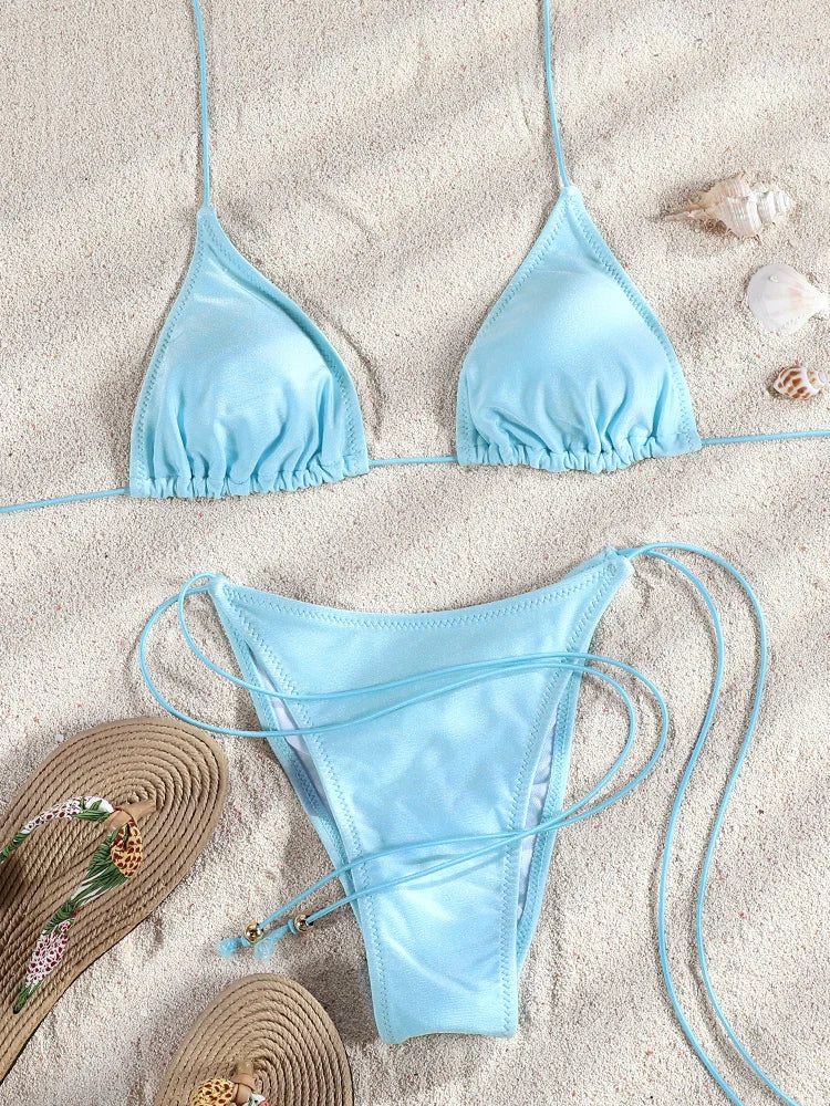 Triangle Swimsuit 2026 Light Blue Bikini String Bikinis Bandage Swimwear Halter Swimsuits Sexy Bathing Suit Two-Piece Beachwear