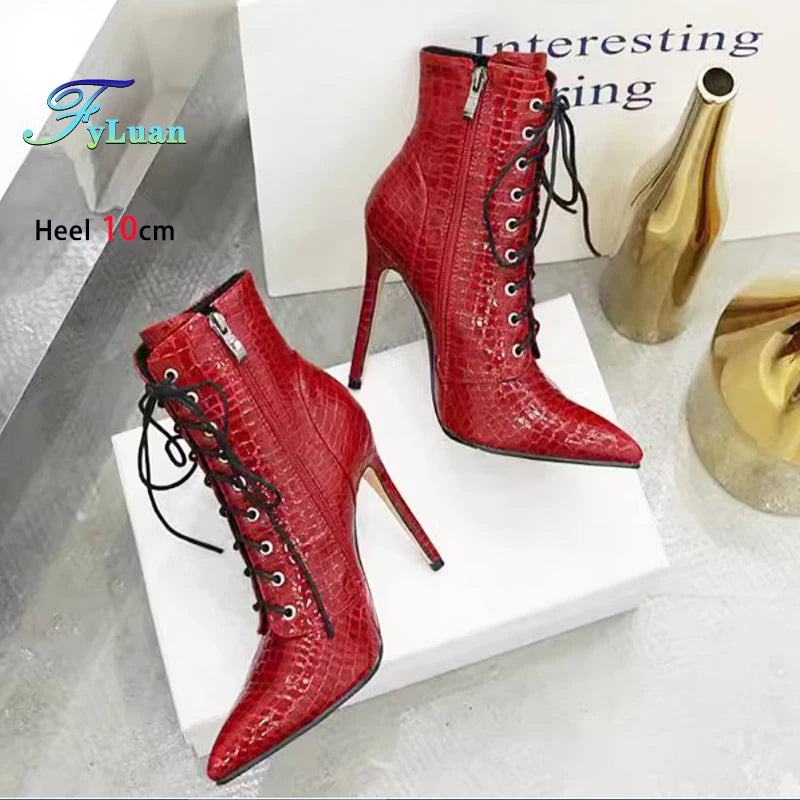12CM Stiletto Heels Botas Mujer Fashion Pointed Lace-up Ankle Boots Roman Ladies Shoes Autumn Winter Women Emboss Short Booties
