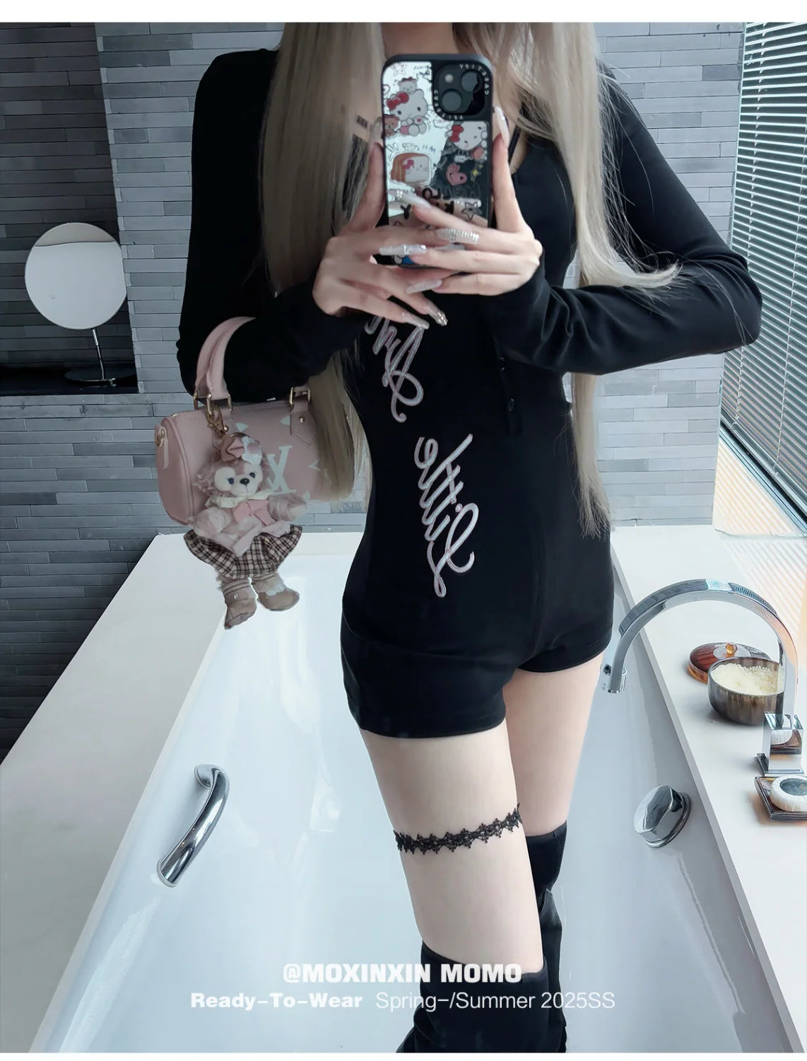 Pure Desire American Long Sleeved T-shirt Jumpsuit Slim Fit Letter Spicy Girl Sexy Sports Fitness Yoga Cycling Jumpsuit Shorts