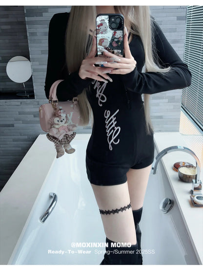 Pure Desire American Long Sleeved T-shirt Jumpsuit Slim Fit Letter Spicy Girl Sexy Sports Fitness Yoga Cycling Jumpsuit Shorts