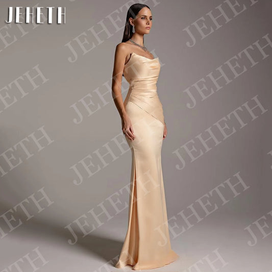 JEHETH Satin Mermaid Evening Dresses Charming Lady Prom Gown Elegant Strapless Ruched Party Dress Champagne Customized Woman