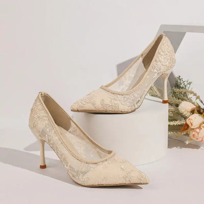 Luxury Embroidery Lace Super High Heel Pumps Women Summer 2026 Elegant Pointed Toe Stilettos Pumps Woman's Party Dress Shoes
