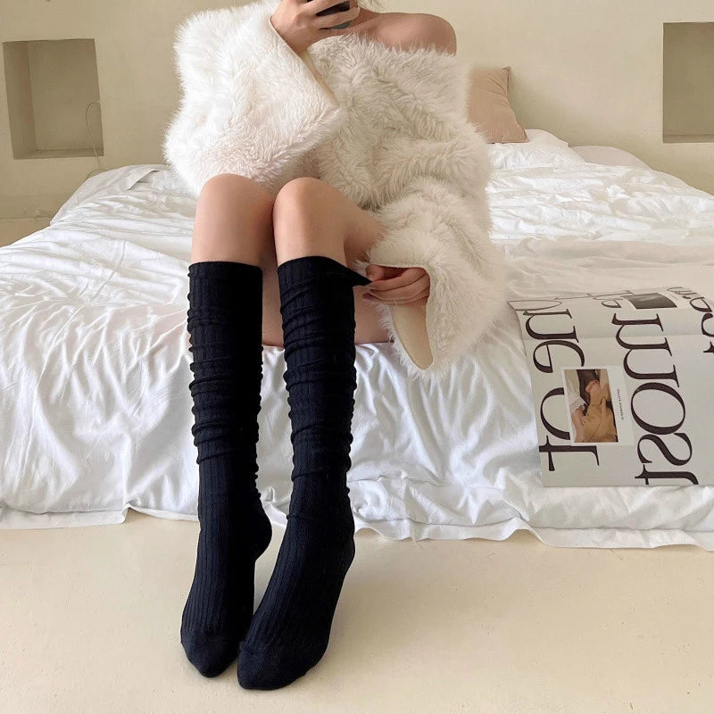 Spring Knee Length Stockings for Women White Pile Socks Fashion GIrls JK Slimming Boots Sock Japanese Calf Socks Cotton Footwear