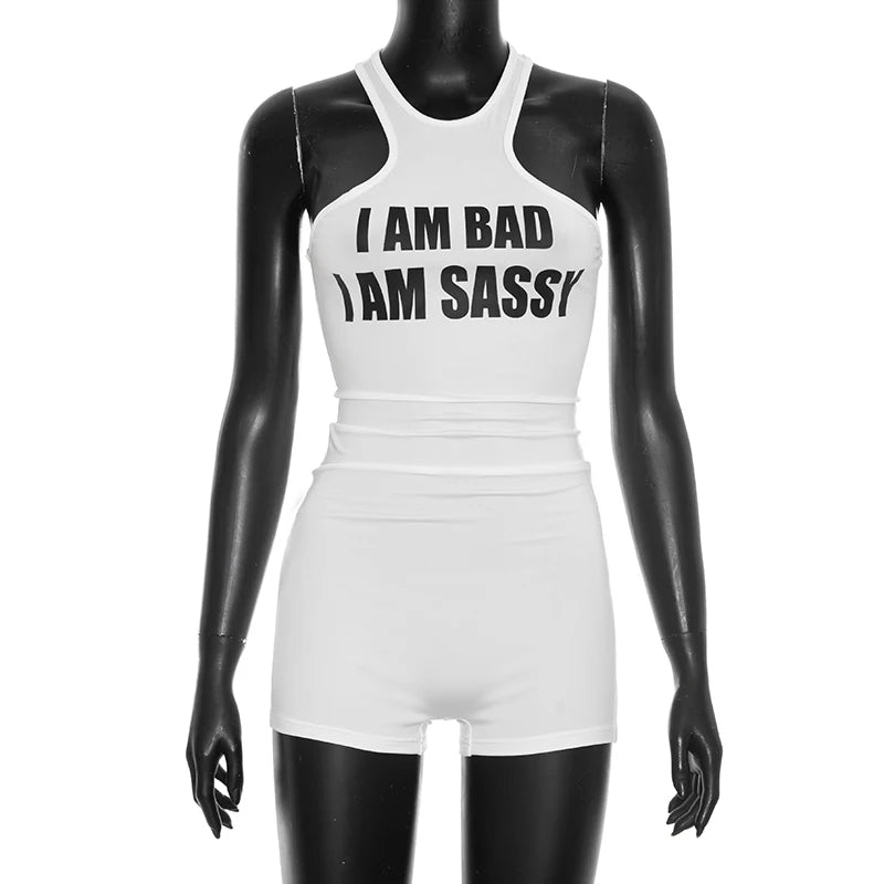 Letter offset printing sleeveless tight hanging neck strapless vest jumpsuit shorts