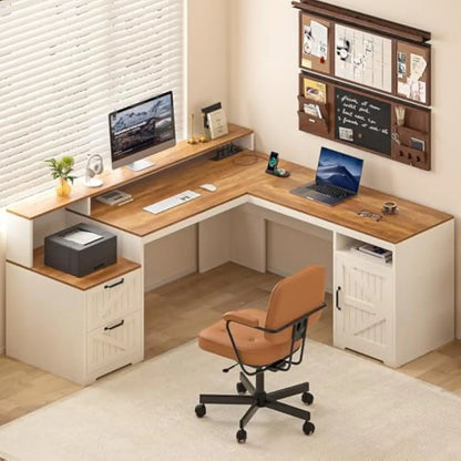 L Shaped Executive Desk 63 Inch Wide with Printer Shelf Open Compartment Adjustable Cabinet USB Charging Station Ergonomic Monit