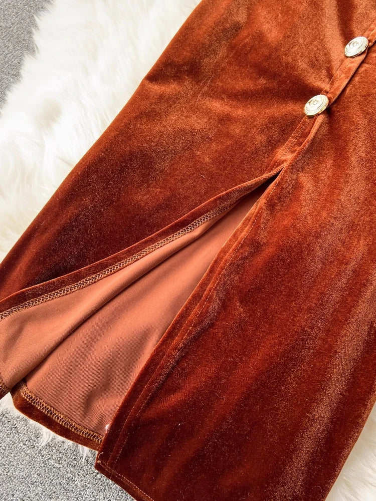 Autumn Winter Luxury Velvet Dress Women Clothing Notched Lion Metal Buttons Split Letter Belt Thick Velour Long Party Vestidos