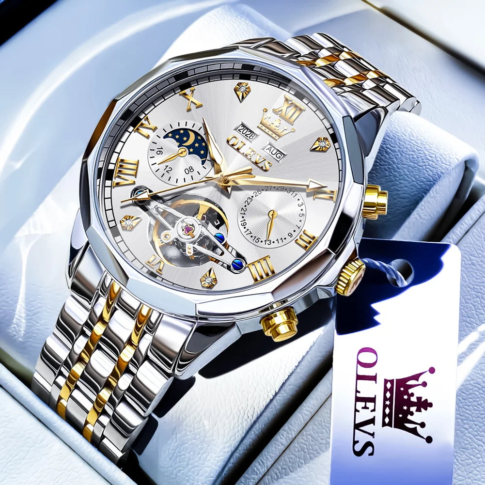  OLEVS Automatic Mechanical Watch for Men Tourbillon Moon Phase Diamond Dial Stainless Steel Strap Waterproof Men Wristwatch