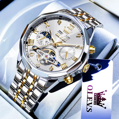  OLEVS Automatic Mechanical Watch for Men Tourbillon Moon Phase Diamond Dial Stainless Steel Strap Waterproof Men Wristwatch