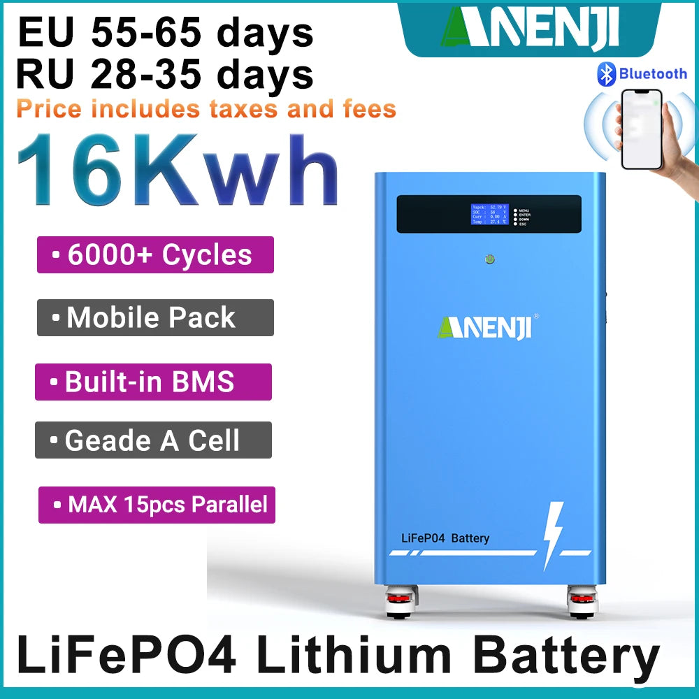 ANENJI 51.2V 314Ah 16Kwh LiFePO4 Battery 6000 Cycles With Wheels Bluetooth BMS 200Ah Supports 15 Units Parallel  Solar System