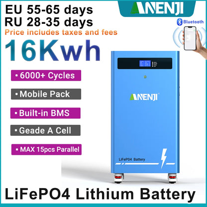 ANENJI 51.2V 314Ah 16Kwh LiFePO4 Battery 6000 Cycles With Wheels Bluetooth BMS 200Ah Supports 15 Units Parallel  Solar System