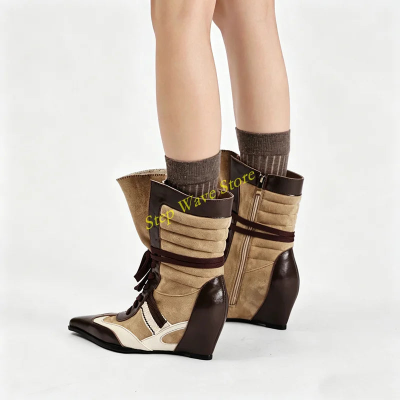 Patchwork Wedges Lace Up Ankle Booties Sexy Pointy Toe Runway 2026 Winter Autumn Women Handmade Dress Shoes Mixed Color