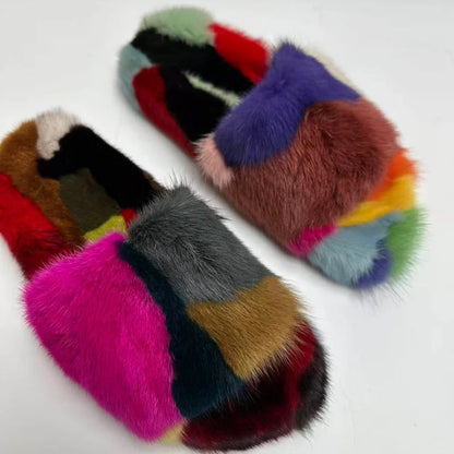 Winter Women'S Slippers Home Plush Woman Shoes Indoor Mink Fur Patchwork Color Slippers Irregular Random Seven Color Slippers