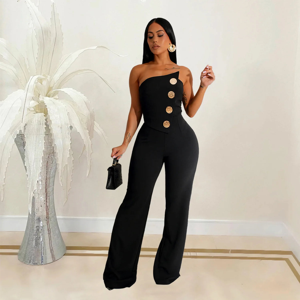 Sexy Backless Strapless Jumpsuit Summer Women Fashion Solid Button Sleeveless Slim Fit Wrap Hip Jumpsuits Elegant Office Romper