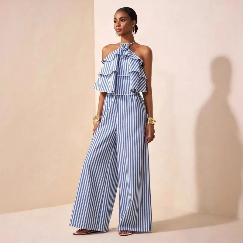 New African Fashion Women Summer Jumpsuits Striped Printed Halter Hollow Out Back Ruffles Patchwork Wide Leg Pants Jumpsuit