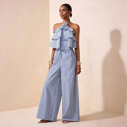 New African Fashion Women Summer Jumpsuits Striped Printed Halter Hollow Out Back Ruffles Patchwork Wide Leg Pants Jumpsuit