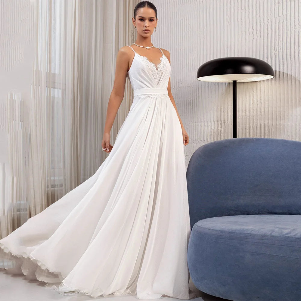Summer Wedding Dress Customized Spaghetti Straps V Neck Pleat Lace Sweep Train A Line Chiffon Bridal Gown Beach Bride Dresses