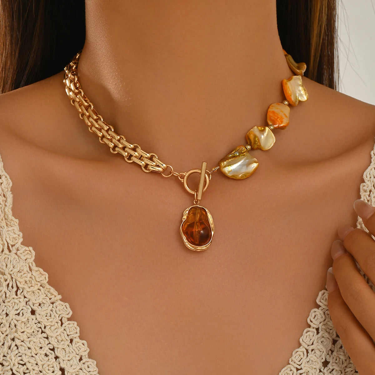 Boho Baroque Pearl Choker Necklace Asymmetric Cuban Link Chain Toggle Clasp Statement Summer Beach Jewelry Gift