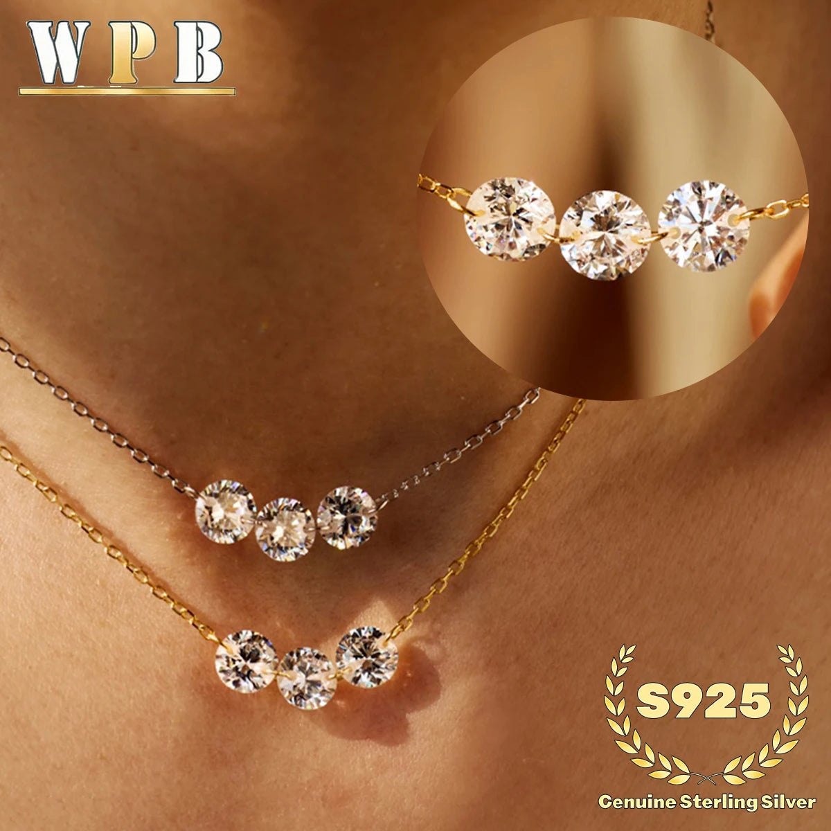 Genuine S925 Silver 3 Sparkling Zircon Necklace Dainty Sliding - Adjustable Length  Minimalist Luxury Jewelry for Men and Women