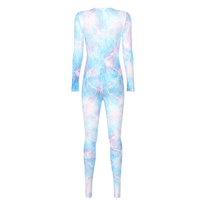 Womens Rash Guard One Piece Swimsuit Mermaid Fish Scale Print Long Sleeve Back Zipper Full Body Tops Sexy Swimwear Jumpsuit