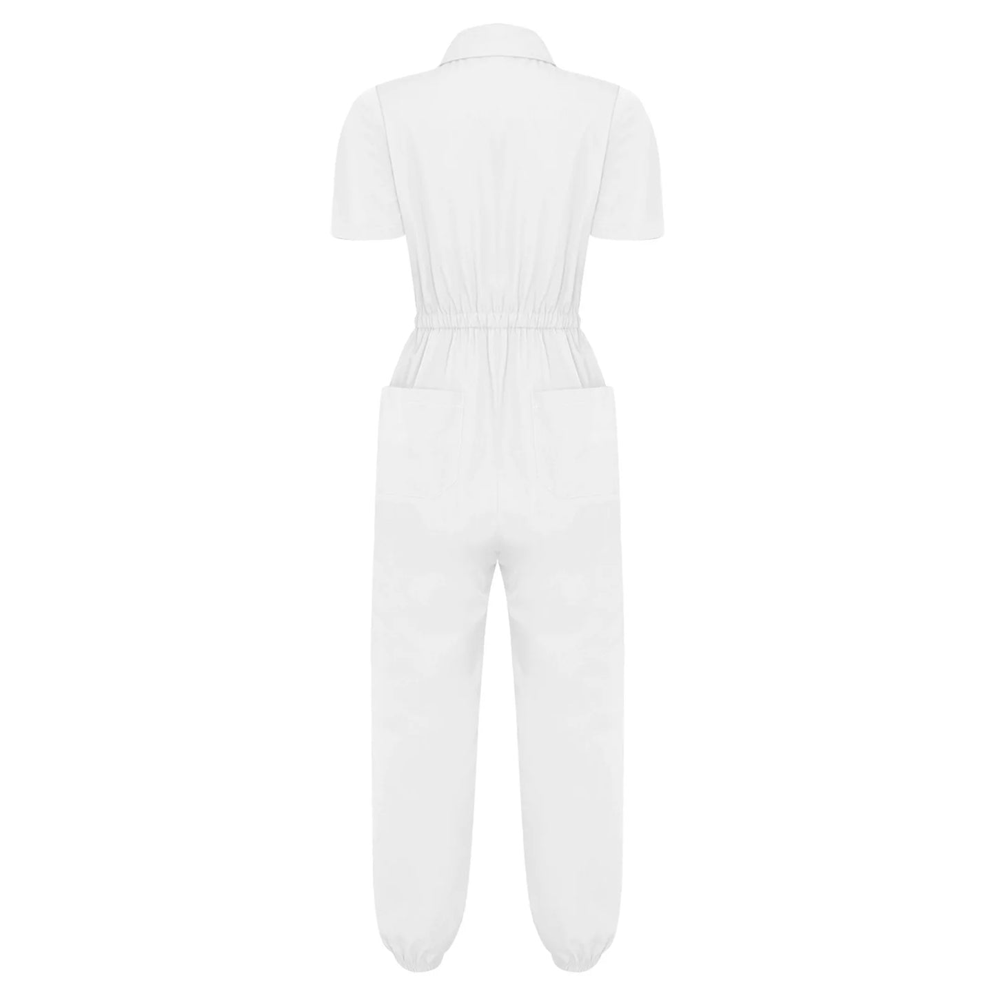 Womens Short Sleeve Scrubs Jumpsuit Front Zipper Elastic Waist Jogger Pants Rompers Nurse Doctor Workwear for Caring Nursing