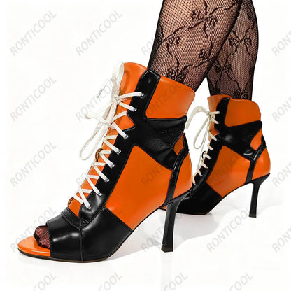 Ronticool Handmade Peep Toe Ankle Boots - Black and White Leather High Heel Shoes with Lace Up Design Size 36-43
