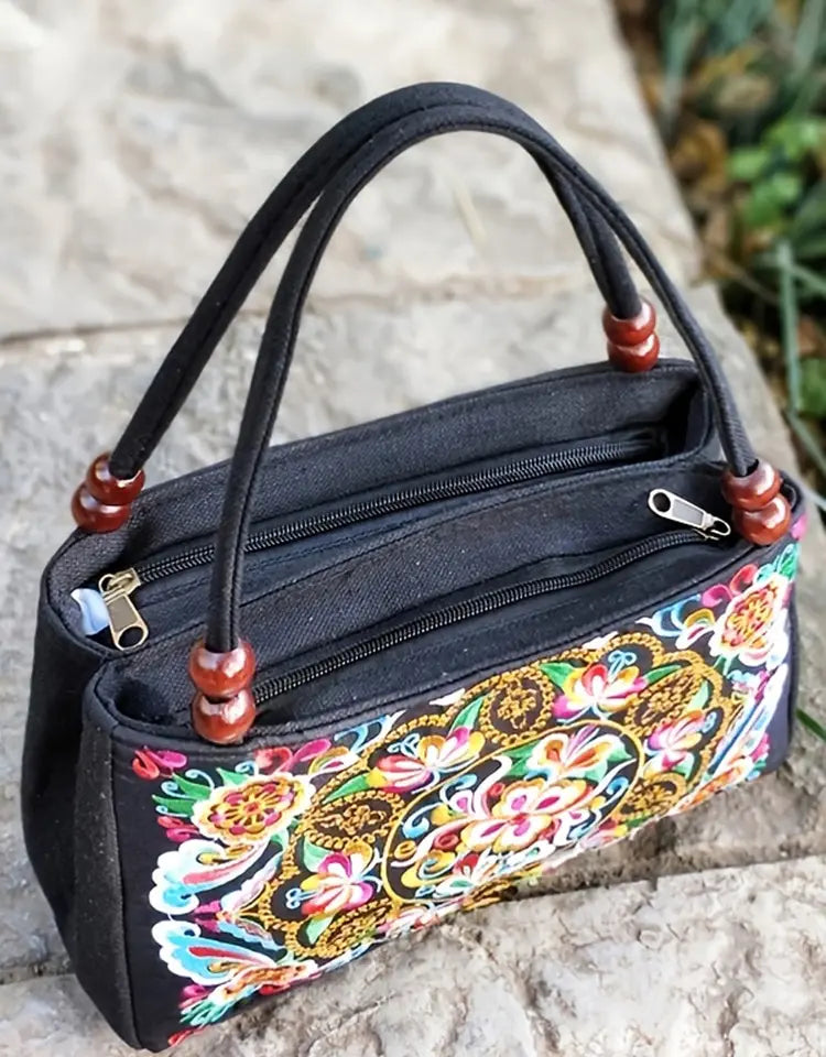 Stylish Floral Embroidered Handbag, Trendy Zipper Canvas Bag, Women's Fashion Purses