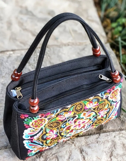 Stylish Floral Embroidered Handbag, Trendy Zipper Canvas Bag, Women's Fashion Purses