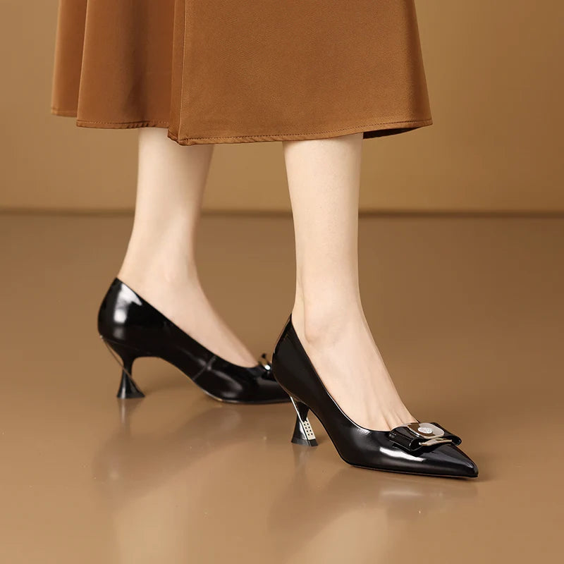 【JOCHEBED HU】Women Genuine Leather Pumps Deer Party Wedding Stiletto Office Pointed Toe Fashion High Heels Leather Shoes 33-43