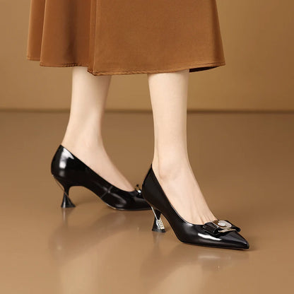 【JOCHEBED HU】Women Genuine Leather Pumps Deer Party Wedding Stiletto Office Pointed Toe Fashion High Heels Leather Shoes 33-43