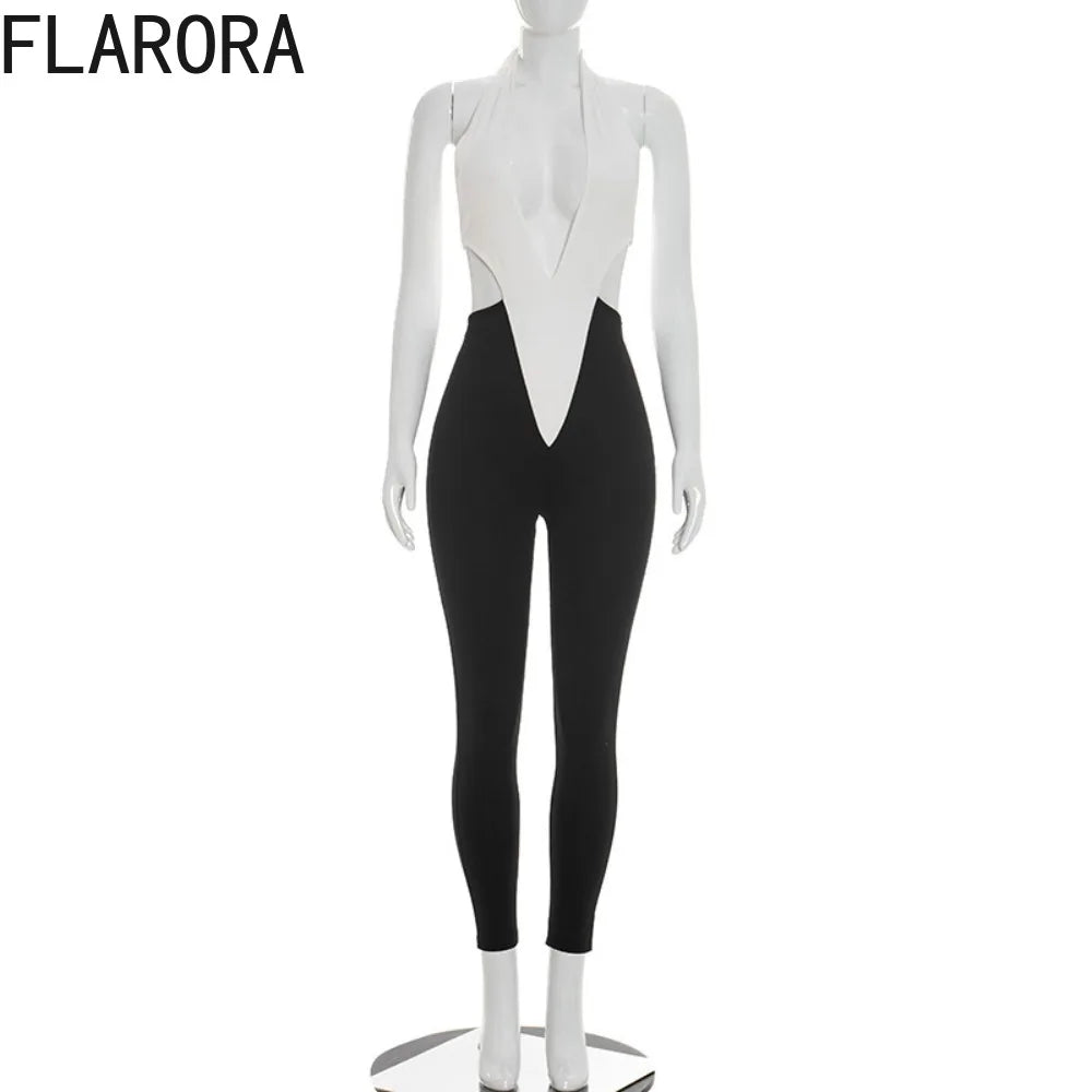 FLARORA Sexy Halter Hollow Out Jumpsuits Woman Color Blocking V-Neck Sleeveless Backless Skinny Midnight Party Clubwear Overalls