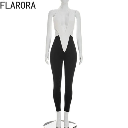 FLARORA Sexy Halter Hollow Out Jumpsuits Woman Color Blocking V-Neck Sleeveless Backless Skinny Midnight Party Clubwear Overalls