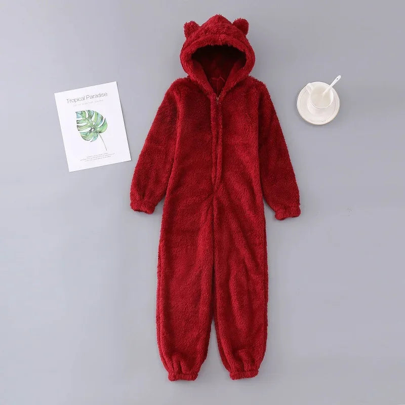 Sexy Cute Plush Autumn Winter Long Sleeve Hooded Romper Back Butt Bum Open Ass Flap Plush Jumpsuit Women Thick Sleepwear