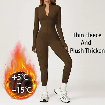 Winter Warm Fleece Sports Jumpsuits Fitness Suits Women's Sportswear Zipper Long Sleeves Tops One-Piece Dance Bodysuit Female