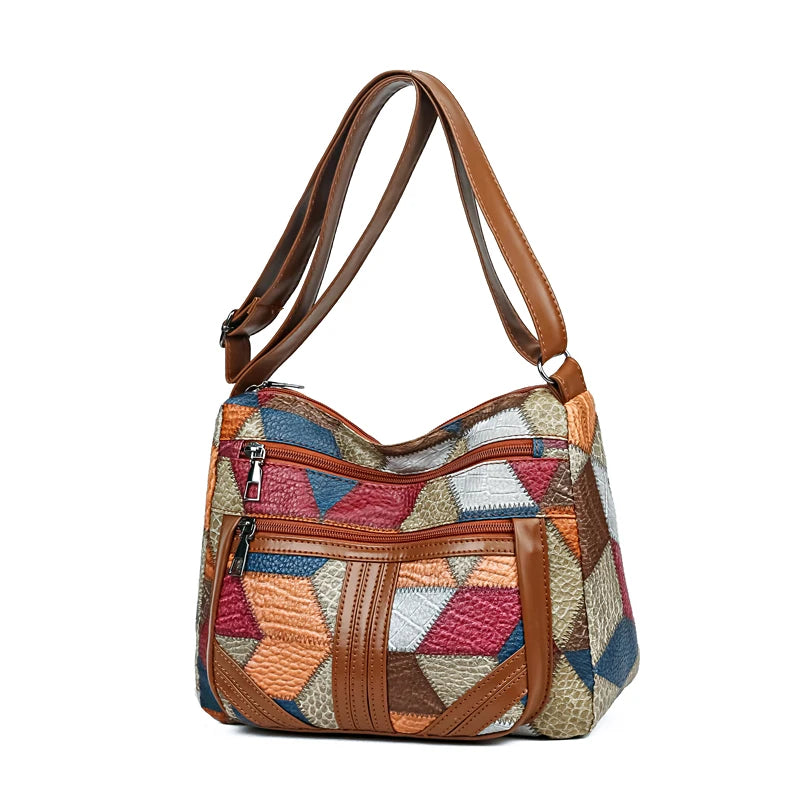 Women's  Crossbody Shoulder Bag, Lightweight Geometric Pattern, Multi-Layer Design, Secure Zipper Closure, Colorful Accessories