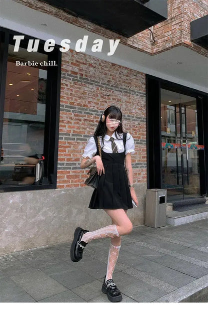 2025 korea japan style female summer fashion style jk uniform halter pleated skirt bubble short sleeve shirt two piece sets g823