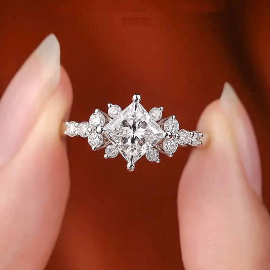Princess-Cut 4-Prong Ring Women's PT950 Platinum 2Ct Moissanite - Square elegant, 4-prong holds stone, platinum shows graceful