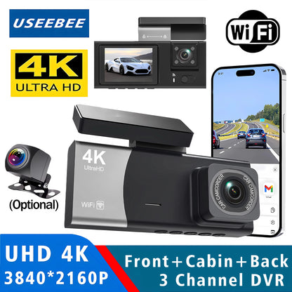3 Channel 4K 2160P Dash Cam Car Front Inside And Rear WiFi Car Camera With APP Control Night Vision 24H Parking Mode Dashcam