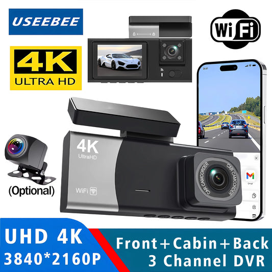 3 Channel 4K 2160P Dash Cam Car Front Inside And Rear WiFi Car Camera With APP Control Night Vision 24H Parking Mode Dashcam