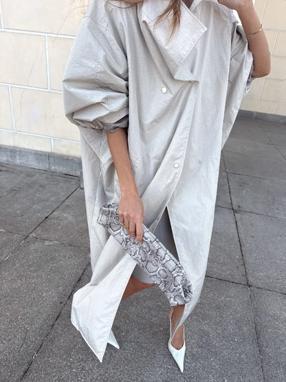 Women Khaki Long Color-block Stripe Trench Coat Wide Lapel Loose Drop Shoulder Blue Lining Slit Windbreaker Commute Outing Coats