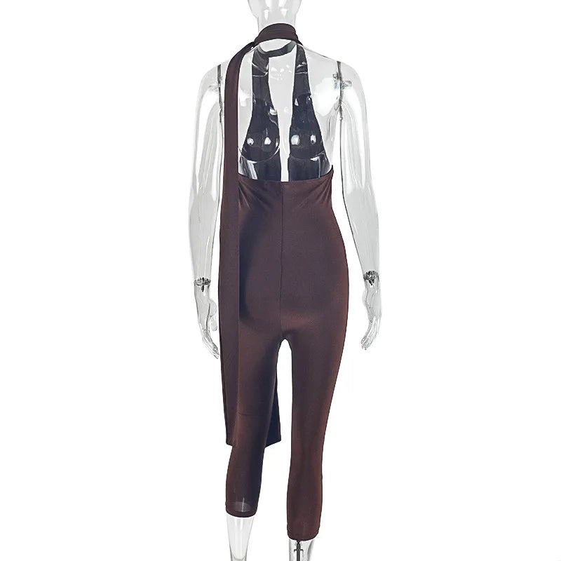 Summer Tights Jumpsuit Women Solid V-neck Backless Lace-Up Slim Stretchy Pencil Pants Calf-length Rompers Sleeveless 65001