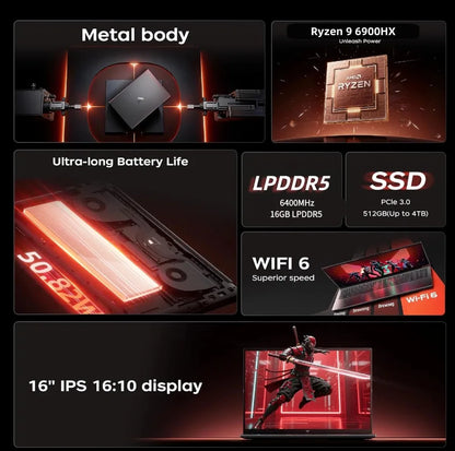 ACEMAGIC 16Inch Gaming Laptop AMD Ryzen 9 6900HX 16GB LPDDR5 512GB NVMe SSD FHD IPS Display Radeon 680M Graphics WiFi6 BT5.2